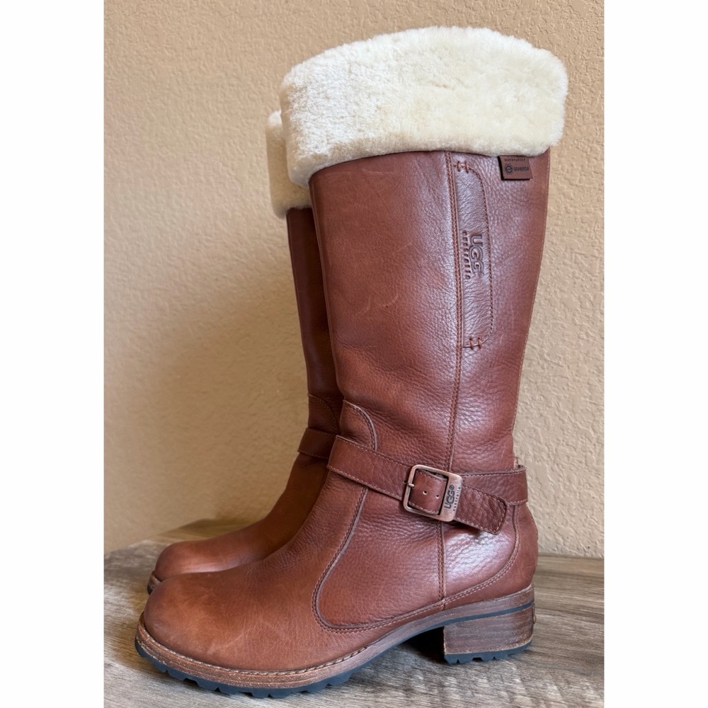 UGG Langley Cognac Leather Sheepskin Tall Boots Waterproof Winter Boots - Picture 2 of 16